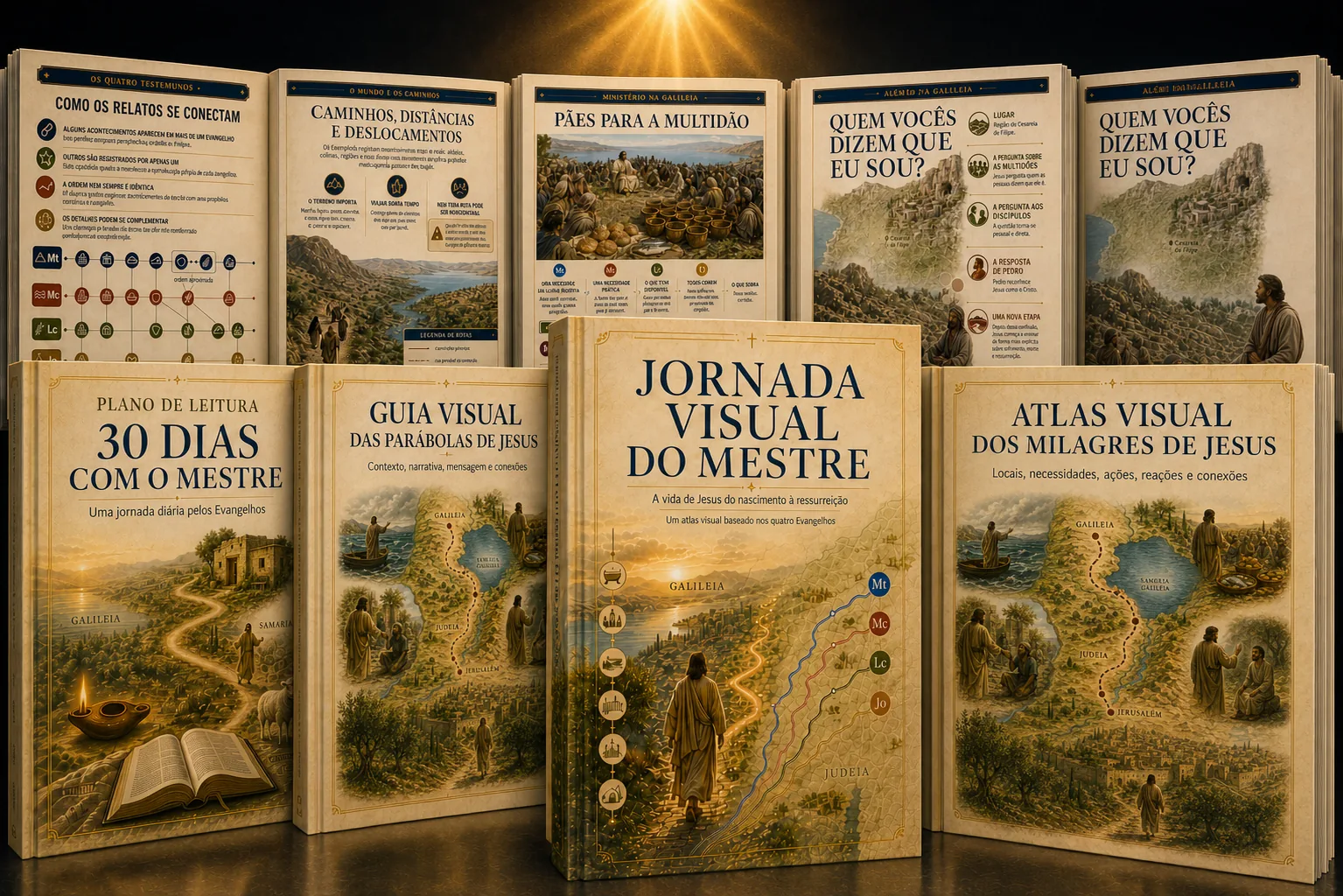 Jornada Visual do Mestre com páginas internas do atlas e os três bônus: Plano de Leitura de 30 Dias, Guia Visual das Parábolas e Atlas Visual dos Milagres